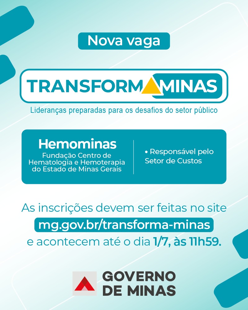 Card de divulgação Hemominas_Responsável pelo setor de custos